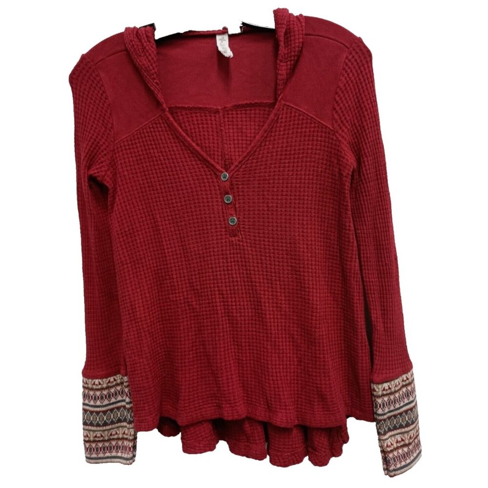Anthropologie Others Follow Thermal Hoodie XS Red Aztec Cuff BOHO Casual